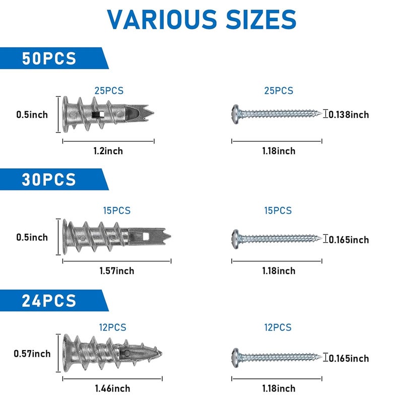 Vmuter Zinc Self-Drilling Drywall Anchors with Screws Kit, 104 Pack 3 Size, 52 Heavy Duty Metal Wall Anchors and 52 Screws - Image 2